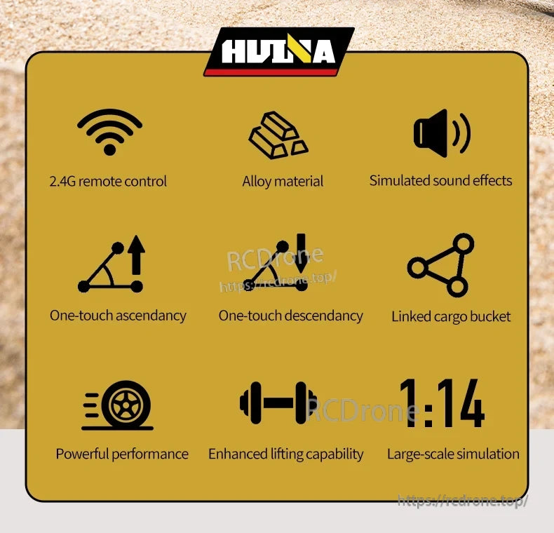 HuiNa 1/14 Scale RC Dump Truck, HuiNa 1:14 RC dump truck features 2.4G remote, alloy build, sound effects, one-touch lift, linked bucket, powerful performance, and enhanced lifting.