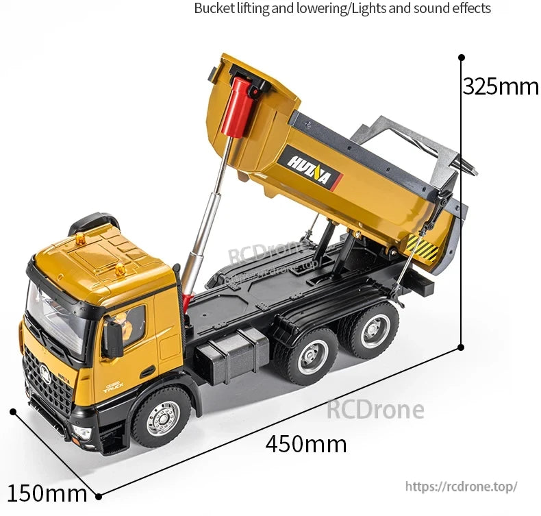The HuiNa 1/14 scale RC dump truck features bucket lifting, lights, sound effects, and measures 450mm long, 325mm high, and 150mm wide.