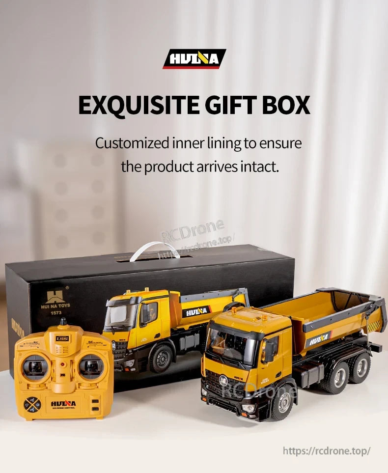 HuiNa 1/14 Scale RC Dump Truck, HuiNa 1/14 RC Dump Truck with remote control, presented in a gift box with custom lining, makes a detailed and thoughtful present.