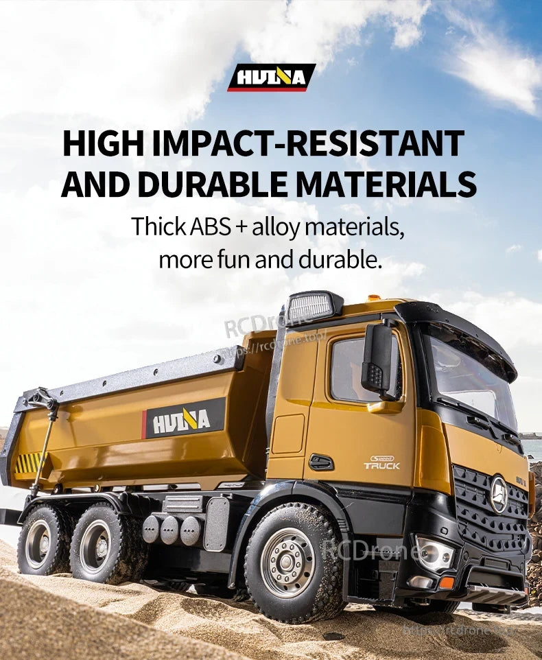 HuiNa 1/14 Scale RC Dump Truck, HuiNa RC dump truck, high impact-resistant, durable ABS and alloy materials.