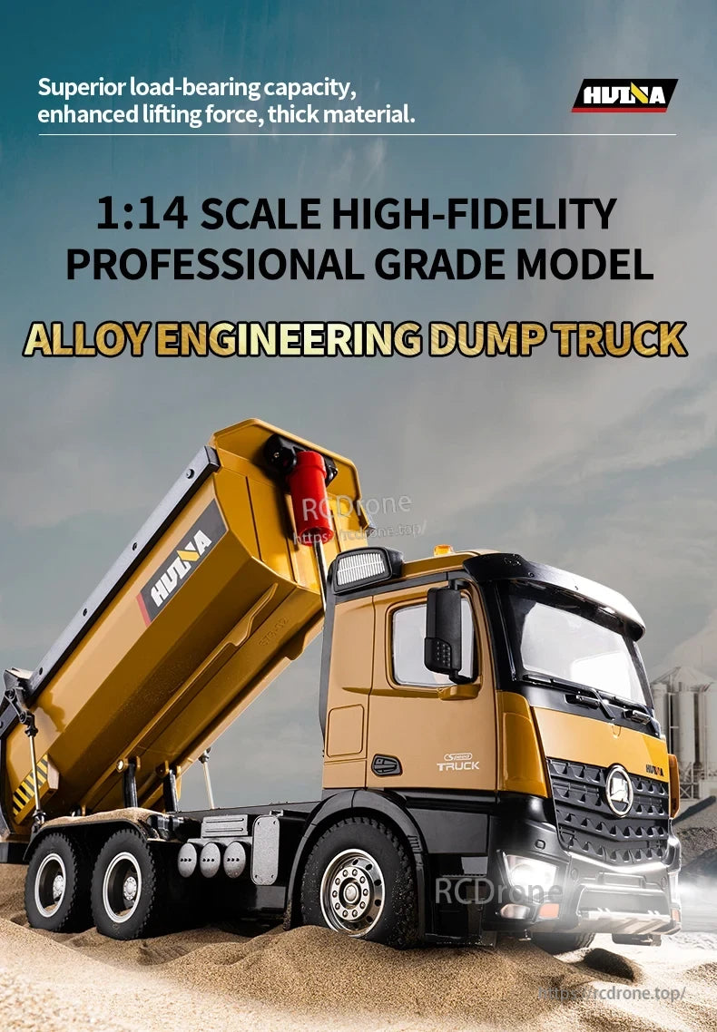 HuiNa 1/14 Scale RC Dump Truck, 1:14 scale high-quality alloy dump truck model with strong load-bearing capacity and durable thick material.