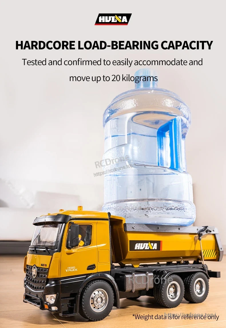 HuiNa 1/14 Scale RC Dump Truck, HuiNa 1/14 RC Dump Truck, heavy-duty, tested to carry up to 20kg; weight is for reference only.