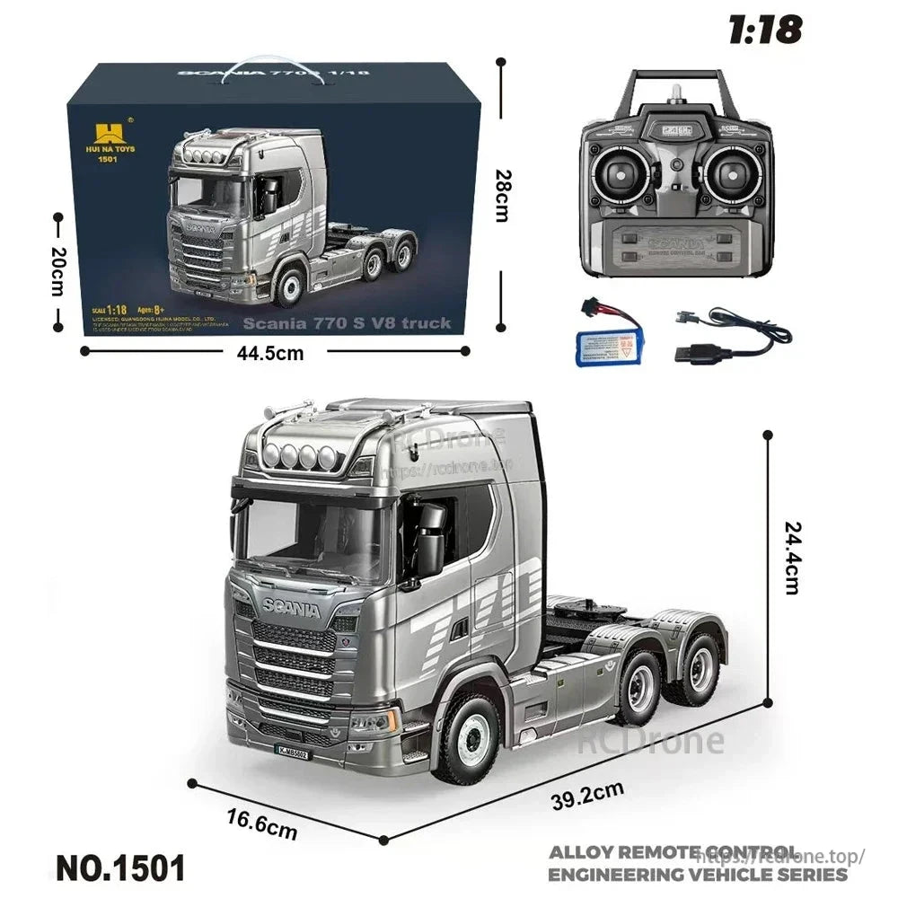HuiNa 1:18 scale Scania 770S V8 RC truck, 19CH 2.4G, rear 4WD, lights, sound, alloy remote, RTR, measures 39.2x16.6x24.4cm.