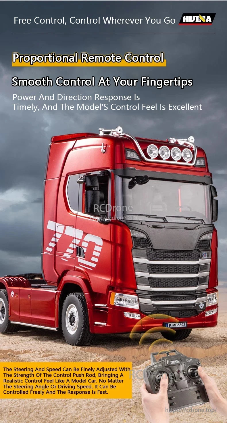 HuiNa 1501 770S RC Truck, Smooth, responsive remote control with realistic handling, LED lights, and sleek red design for immersive off-road driving experience.