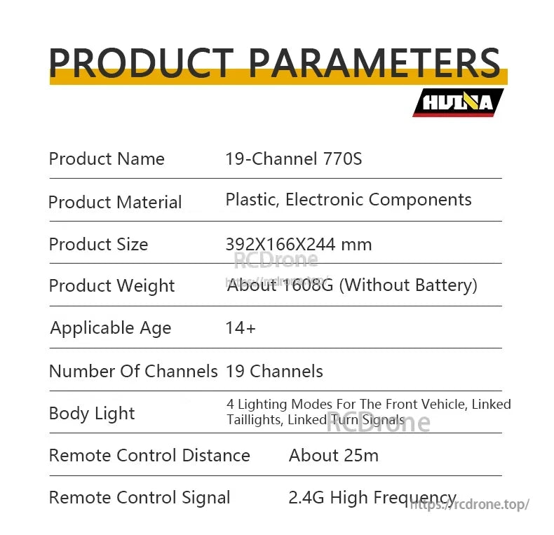 HuiNa 1501 770S RC Truck, HuiNa 770S RC truck features 19 channels, 2.4G control, 25m range, 4 lighting modes, plastic-electronic build, 392x166x244 mm size, 1608g weight, for ages 14+.