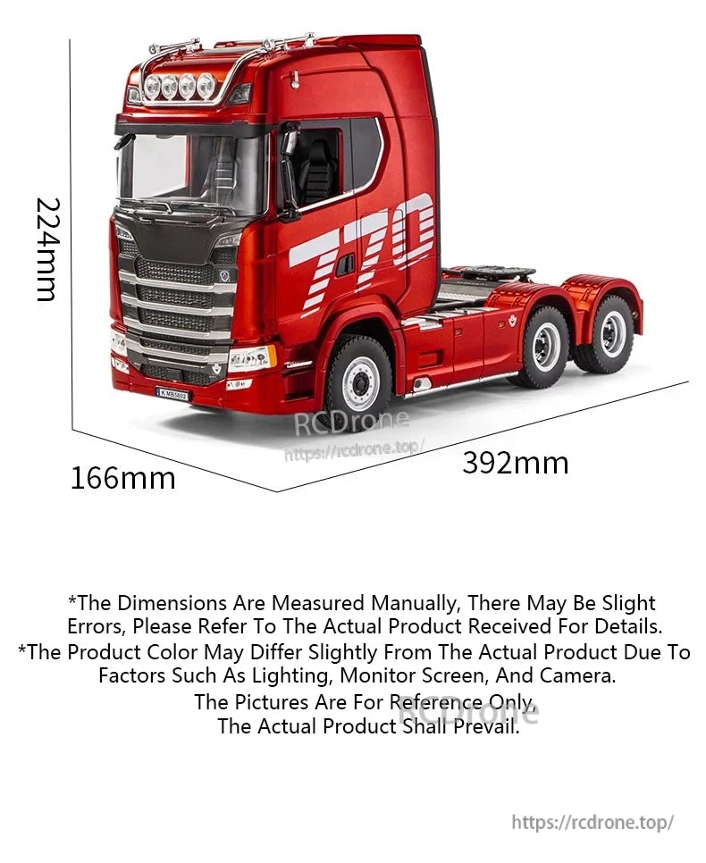 Red HuiNa 1501 770S RC truck, approx. 392x166x224mm; size may vary slightly due to manual measurement or lighting conditions.