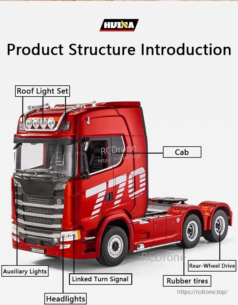 HuiNa 1501 770S RC truck has notable features including roof lights, cab, and rear-wheel drive.