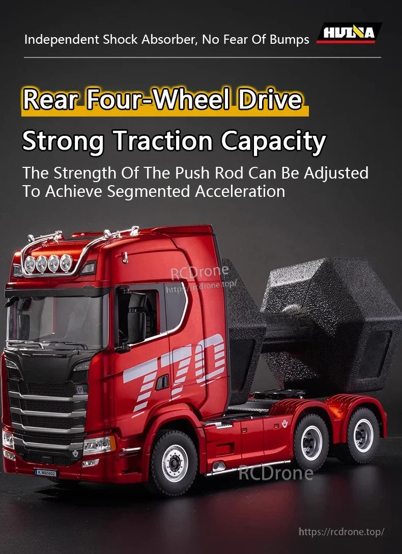 HuiNa 1501 770S RC Truck, Four-wheel drive offers strong traction; adjustable push rod and independent shock absorber ensure smooth rides over rough terrain.