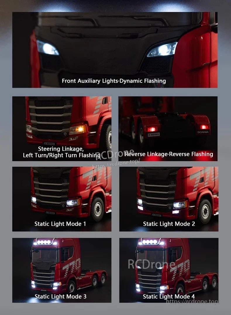 HuiNa 1501 770S RC Truck features flashing front lights, steering and reverse indicators, and four static light modes.