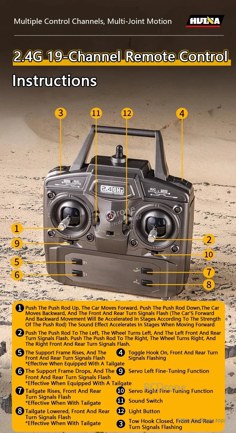 HuiNa 1501 770S RC Truck, HuiNa 2.4G 19-channel RC truck remote control enables multi-joint motion, steering, lights, sound, turn signals, servo tuning, and tow hook functions.