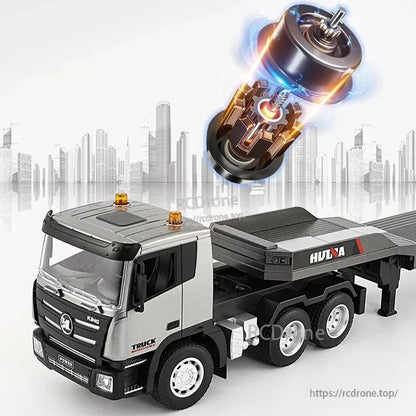 Huina 1318 RC flatbed truck features 2.4G control, lights, sound effects, and measures 83cm long for realistic remote-controlled play.