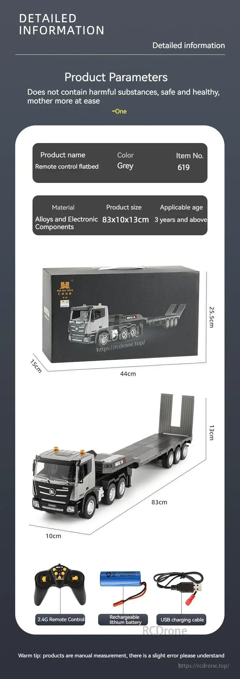 Huina 1318 RC Trailer Truck, Grey remote control flatbed truck (item 619), 83x10x13cm, for ages 3+, made of alloys and electronics. Includes 2.4G remote, rechargeable battery, USB cable. Safe, non-toxic. Box: 44x15x25.5cm.