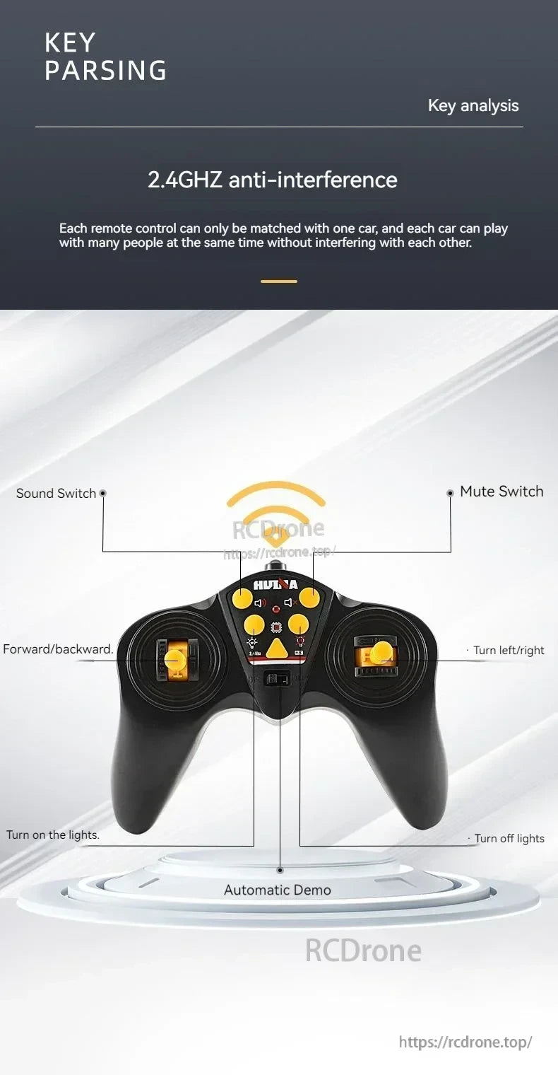 Huina 1318 RC Trailer Truck, 2.4GHz remote control with anti-interference, sound, mute, light, and directional features; includes automatic demo mode for Huina RC truck. (24 words)