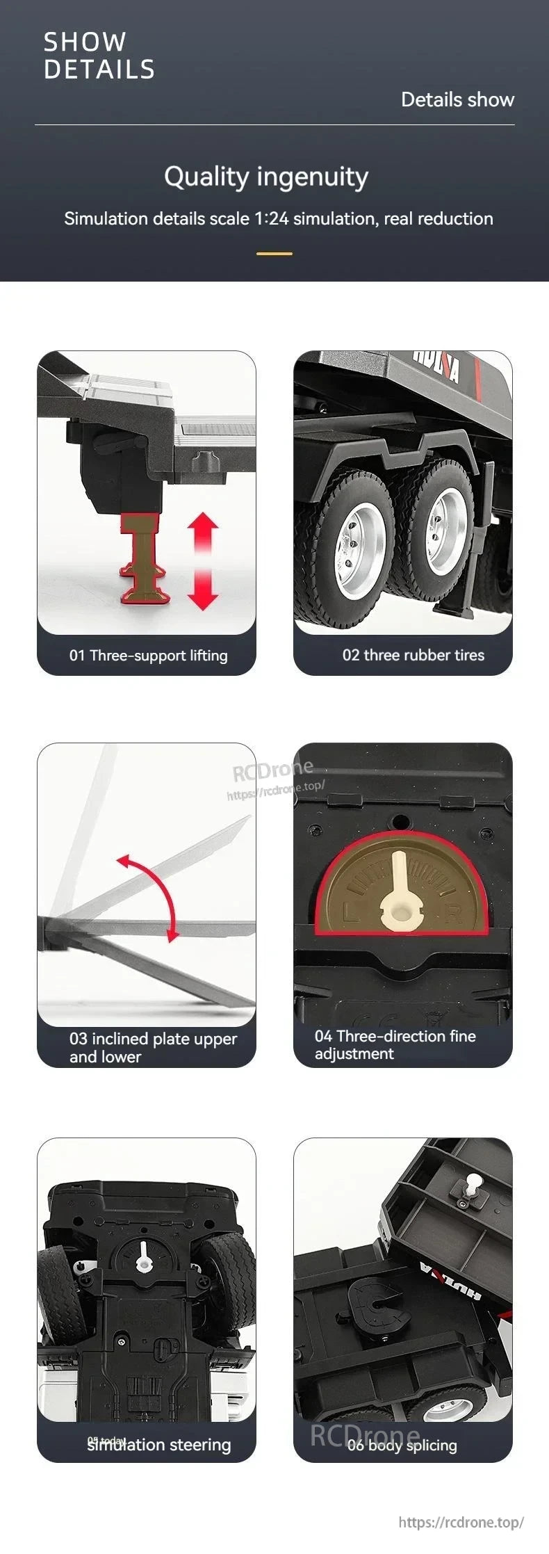 Huina 1318 RC Trailer Truck, Huina 1318 1:24 scale RC trailer truck features lifting, steering, rubber tires, adjustable incline, fine tuning, and body splicing for realistic performance and customization. (24 words)