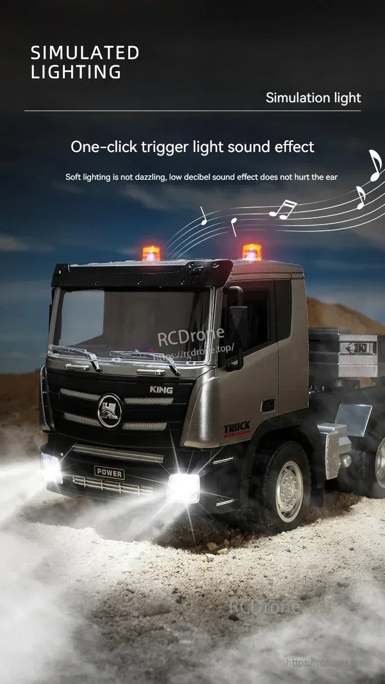 Huina 1318 RC Trailer Truck, Simulated lighting with one-click sound, soft glow, and low noise effect for an immersive KING TRUCK POWER experience.