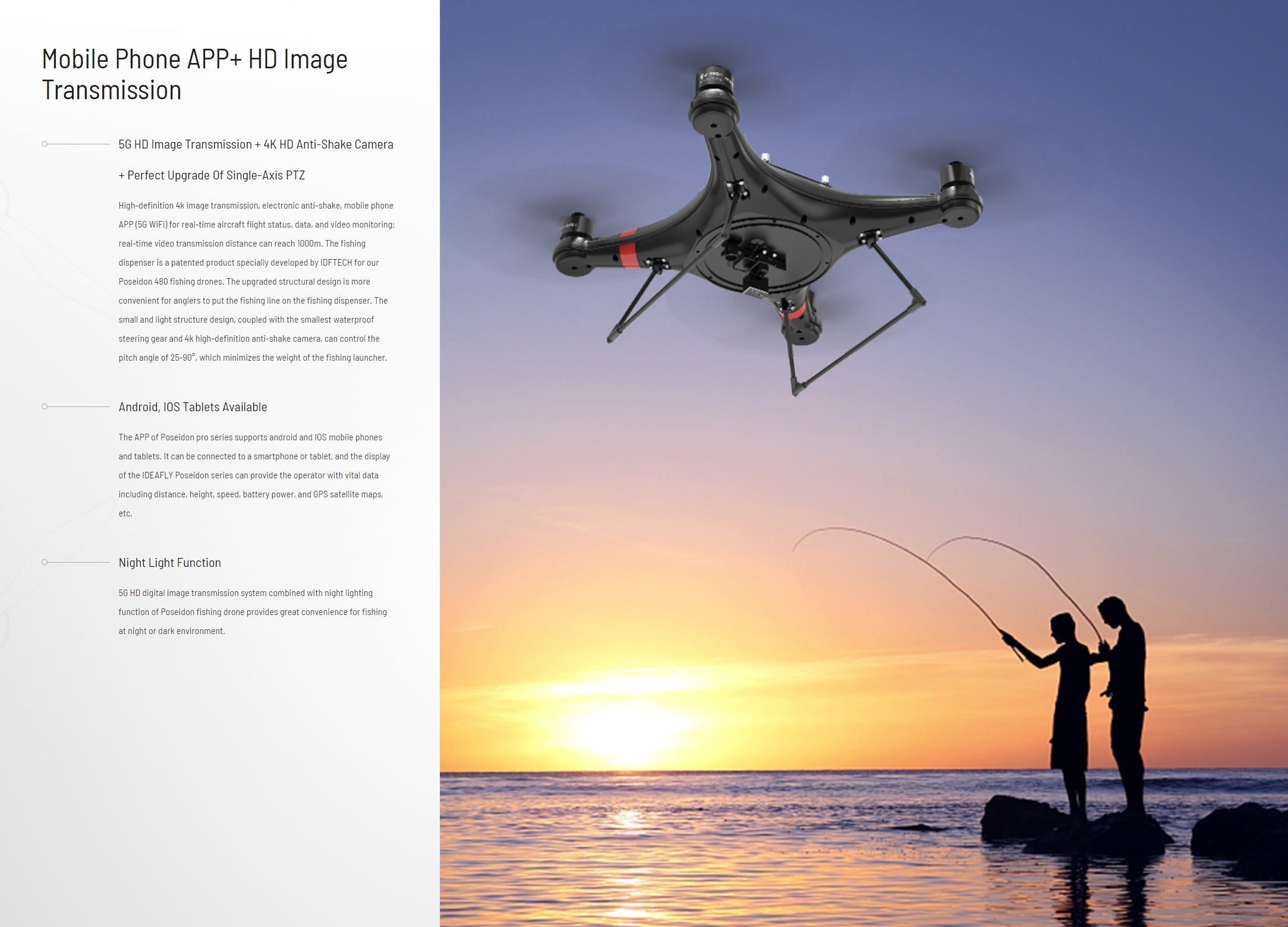 IDFTECH IDEAFLY Poseidon-480 Pro II Fishing Drone, The IDEAFLY Poseidon-480 Pro II Fishing Drone has mobile phone APP, HD image transmission, 4K camera, real-time flight monitoring, and a patented fishing dispenser.