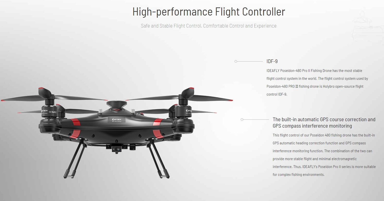 IDFTECH IDEAFLY Poseidon-480 Pro II Fishing Drone, The IDF-9 Holybro open-source flight control system provides safe, stable, comfortable, and high-performance flight control with built-in GPS features.