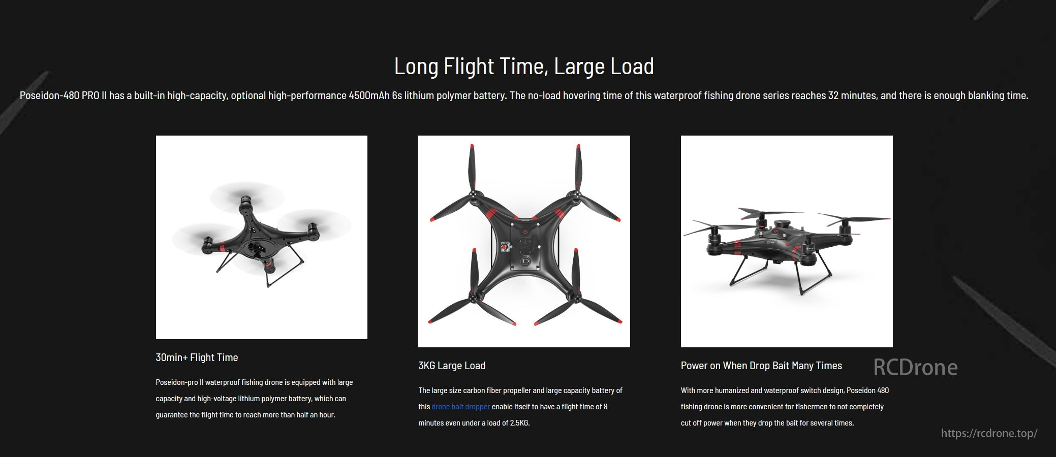 IDFTECH IDEAFLY Poseidon-480 Pro II Fishing Drone, The Poseidon-480 Pro II has a long flight time, no-load hovering up to 32 minutes, and a blanking time of 30 minutes plus.