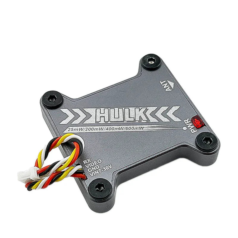 DarwinFPV HULK 5.8G 40CH FPV VTX top view with wiring lead and 25/200/400/600mW label