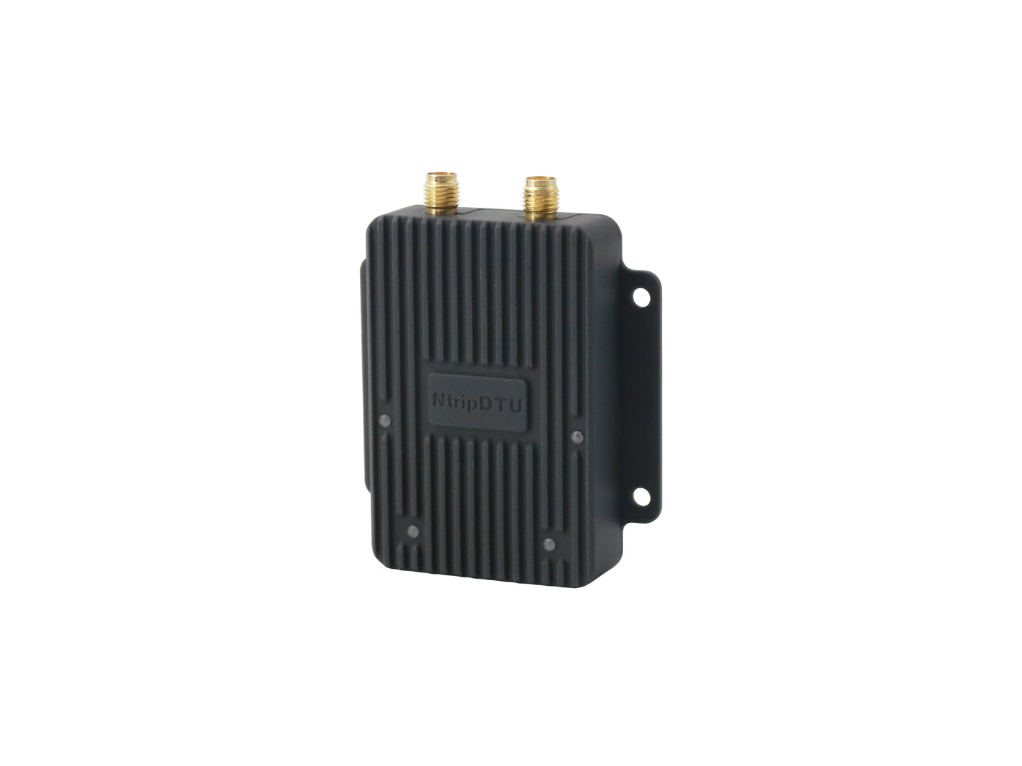 Angled view of Ntrip DTU metal enclosure with dual SMA antenna connectors and mounting tabs