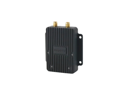 Angled view of Ntrip DTU metal enclosure with dual SMA antenna connectors and mounting tabs