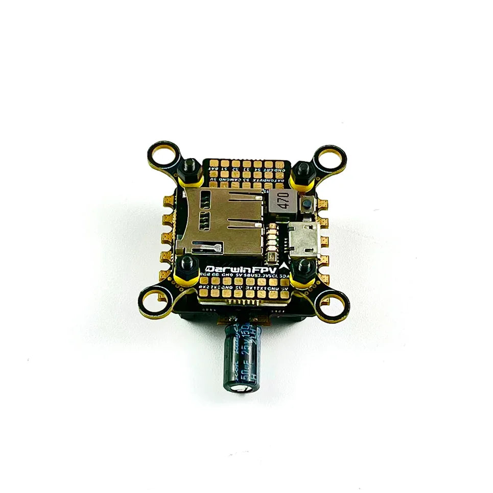 Top view of DarwinFPV F411 FC and 4-in-1 30A ESC stack with SD card slot and plug connector