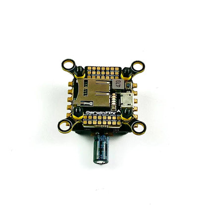 Top view of DarwinFPV F411 FC and 4-in-1 30A ESC stack with SD card slot and plug connector