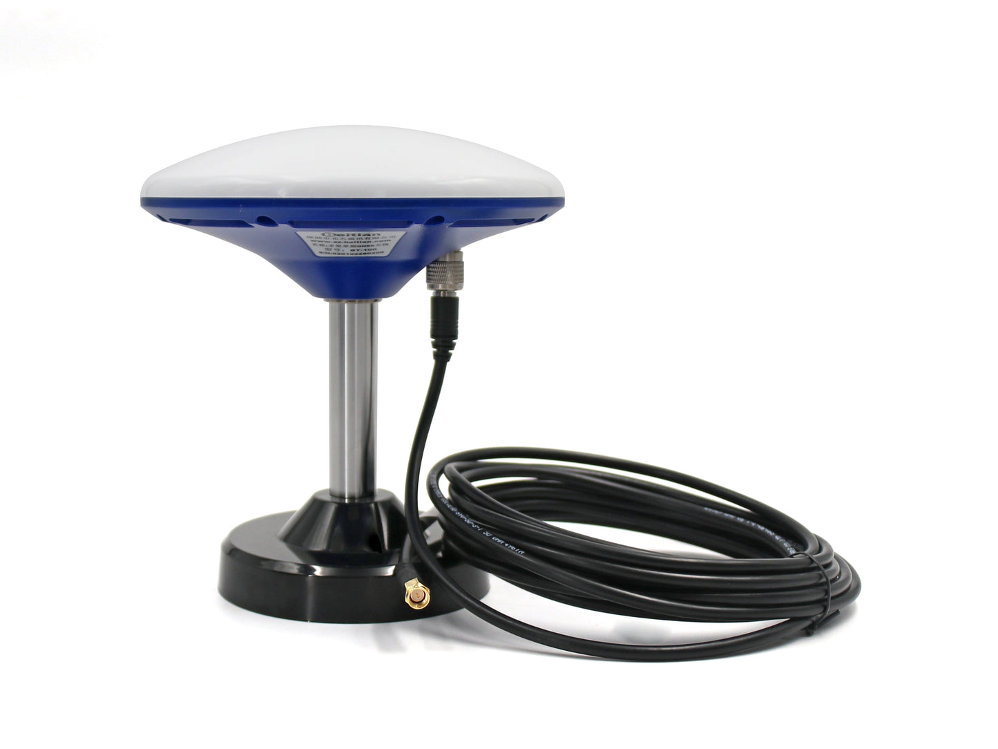 Beitian BT-100 GNSS antenna on mount with attached coax cable and connector, side view