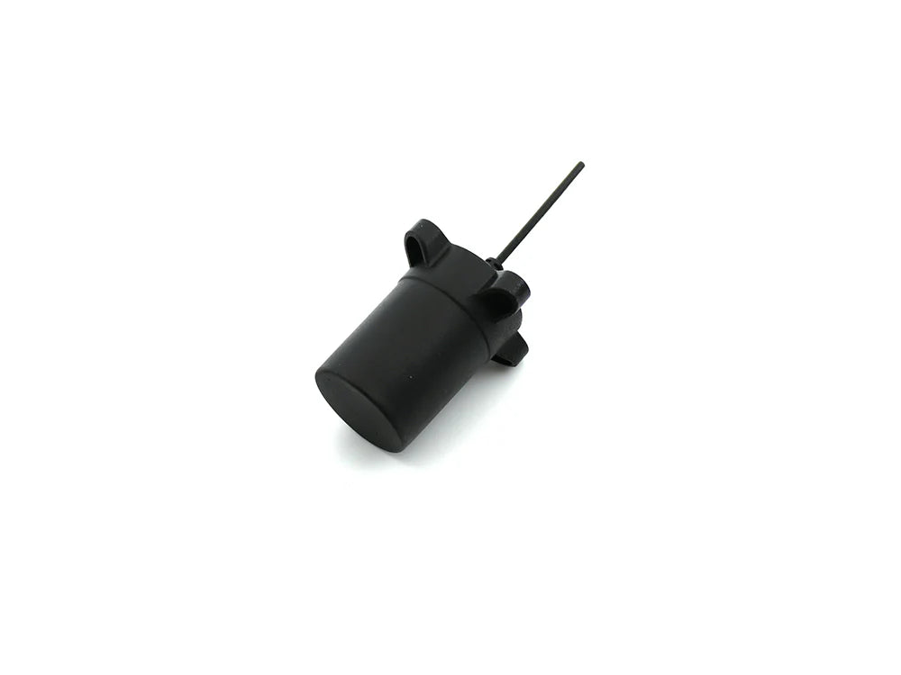 Compact black helical GNSS antenna angled view showing mounting base and cable exit