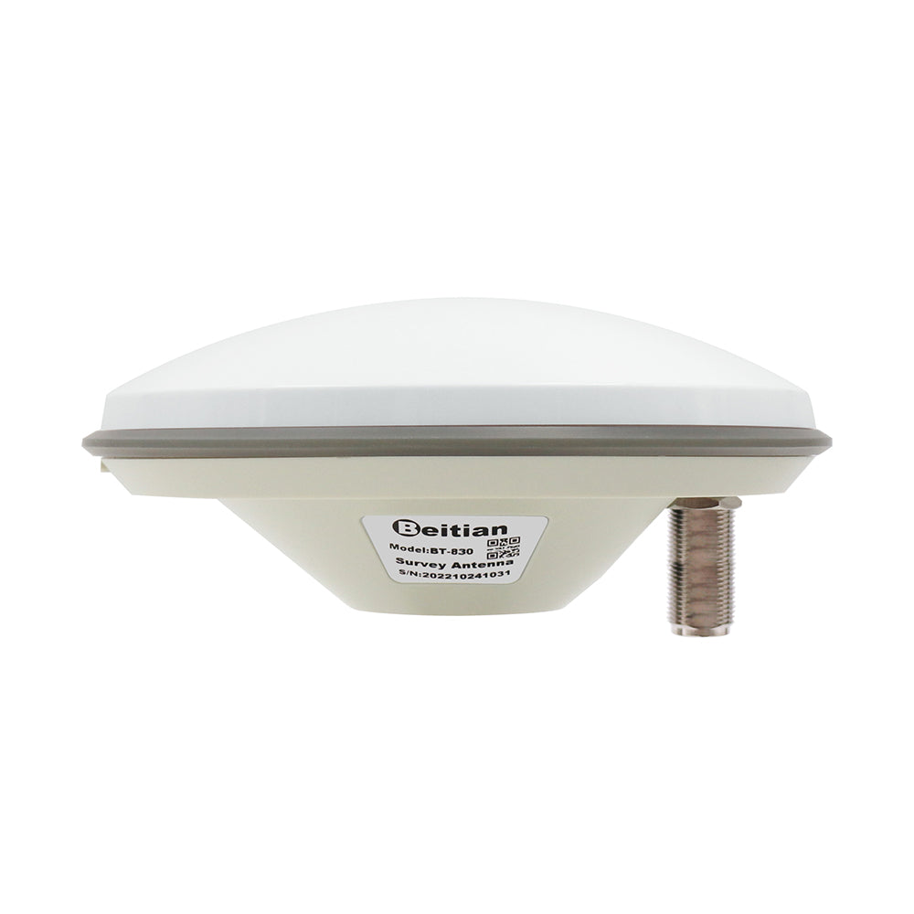 Beitian BT-830 GNSS Survey Antenna side view with Beitian label and metal RF connector