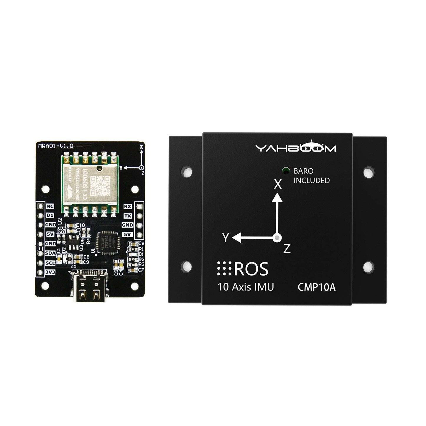Yahboom CMP10A 10-Axis IMU Sensor module, PCB and metal enclosure with ROS axis markings