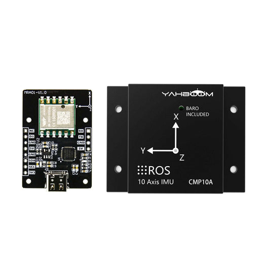 Yahboom CMP10A 10-Axis IMU Sensor module, PCB and metal enclosure with ROS axis markings