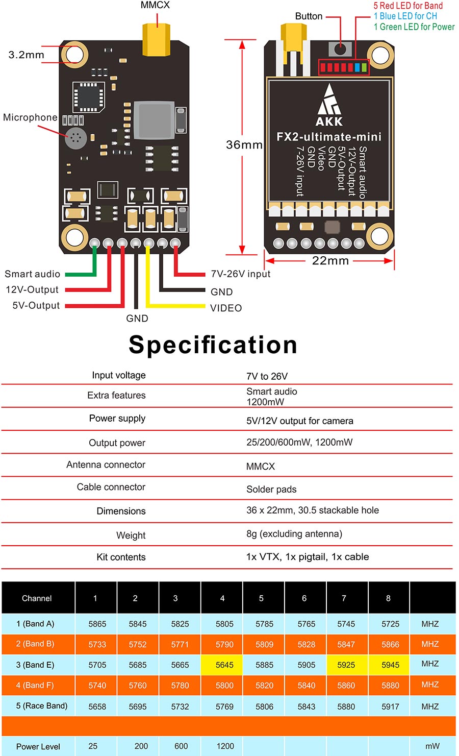 AKK FX2-ultimate-mini VTX - 5.8GHZ 8Channel 10KM 25mW/200mW/600mW/1000mW/1200mW FPV Video Transmitter Support Smart Audio 9 AKK FX2-ultimate-mini VTX, AKK FX2-ultimate-mini 36mm 4838269 1 8 L