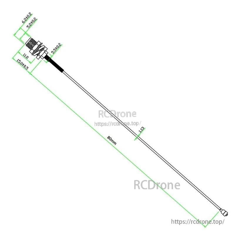 80mm cable length dimension diagram for IPEX to SMA/RP-SMA bulkhead female adapter