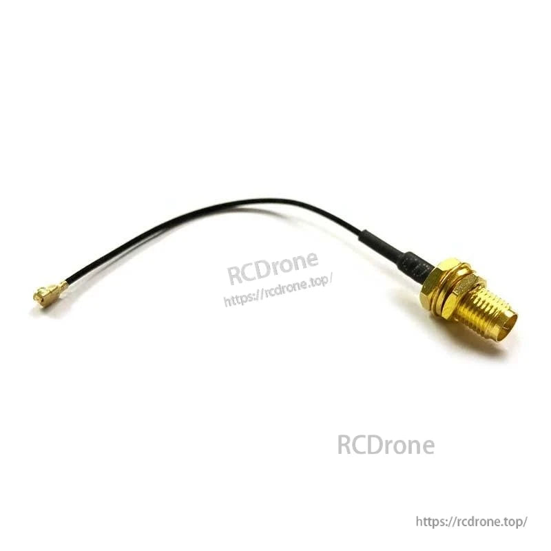 IPEX to SMA/RP-SMA female adapter cable shown at angle with IPEX micro connector end