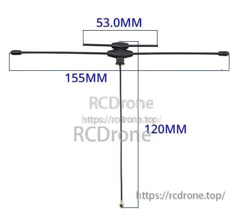 Dual-band T antenna size guide: 155 mm crossbar, 120 mm vertical lead, 53 mm center section (IPEX1)