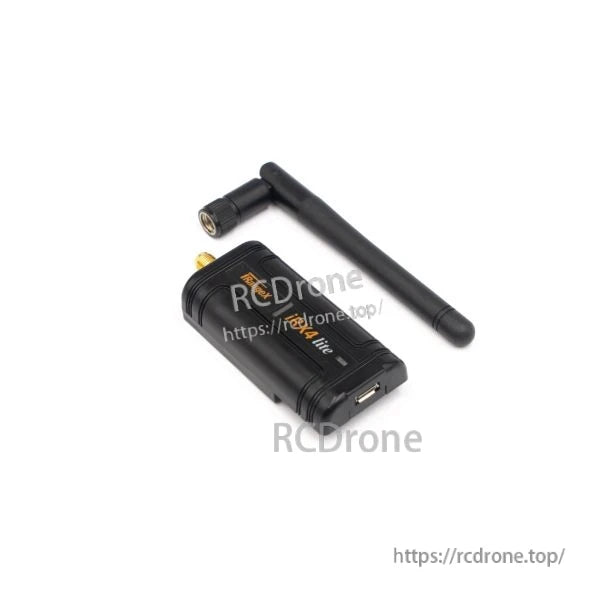 Angled view of IRX4 Lite transmitter module showing USB port end and detachable antenna connector