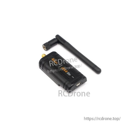 Angled view of IRX4 Lite transmitter module showing USB port end and detachable antenna connector