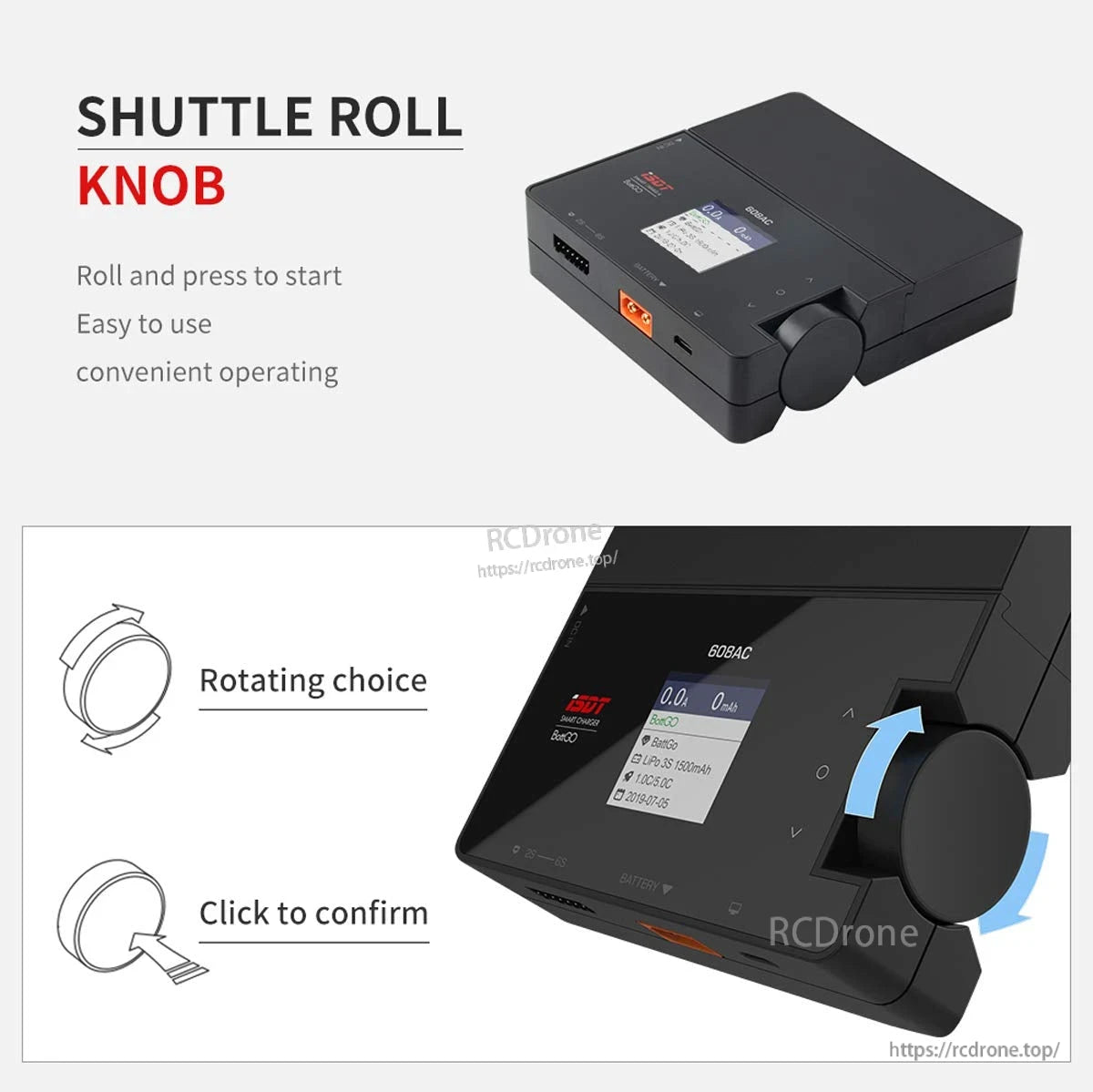 ISDT 608AC LiPo battery charger with color screen and rotary shuttle roll knob for menu control