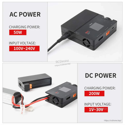 ISDT 608AC LiPo battery charger, ISDT 608AC LiPo charger with screen, AC cord and XT60 output, showing 50W AC and 200W DC power specs