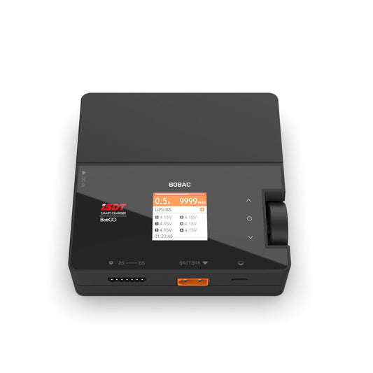 ISDT 608AC LiPo battery charger with color display, 2S–6S balance port and XT60 output connector