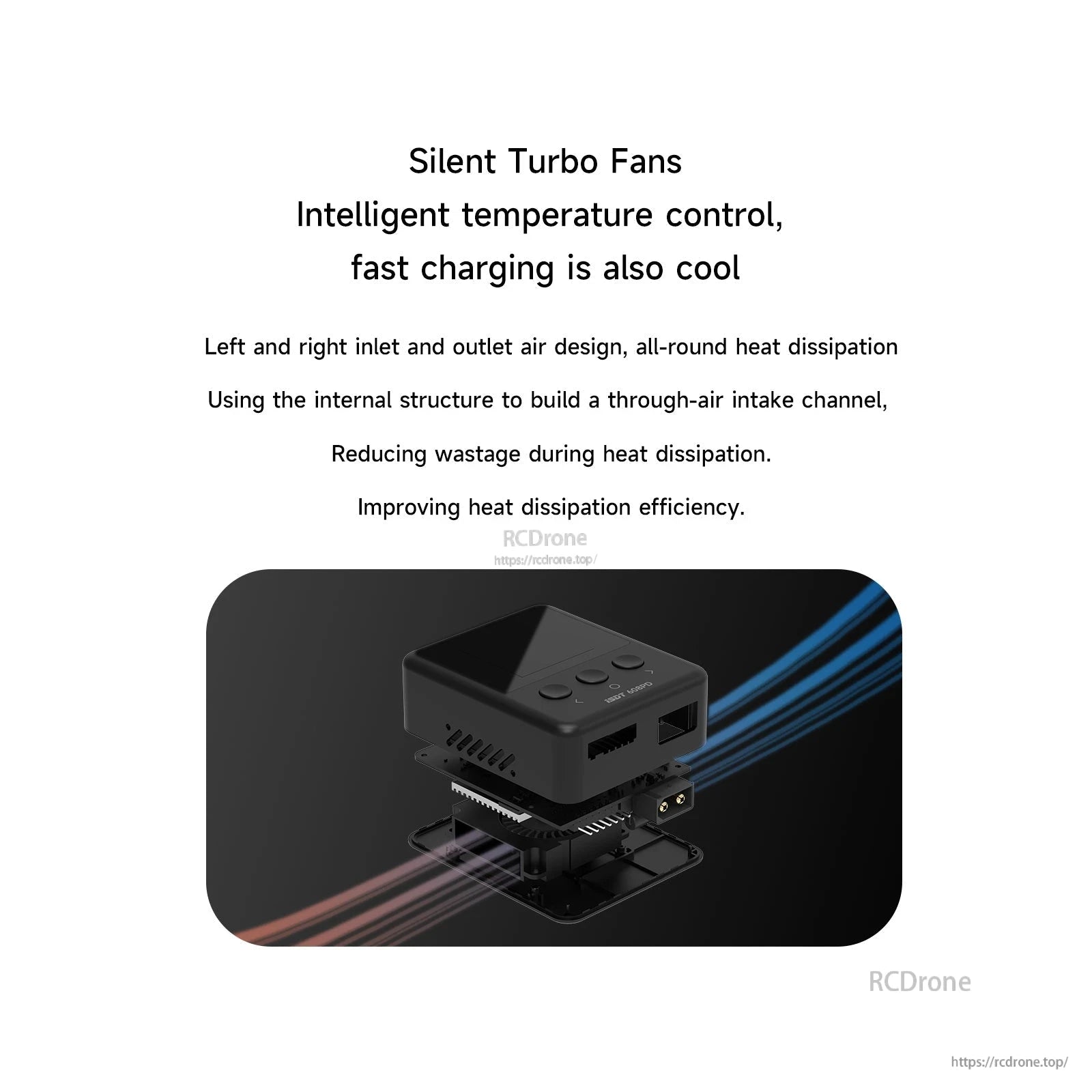 ISDT 608PD RC battery charger graphic showing silent turbo fan cooling with left-right air inlet and outlet design
