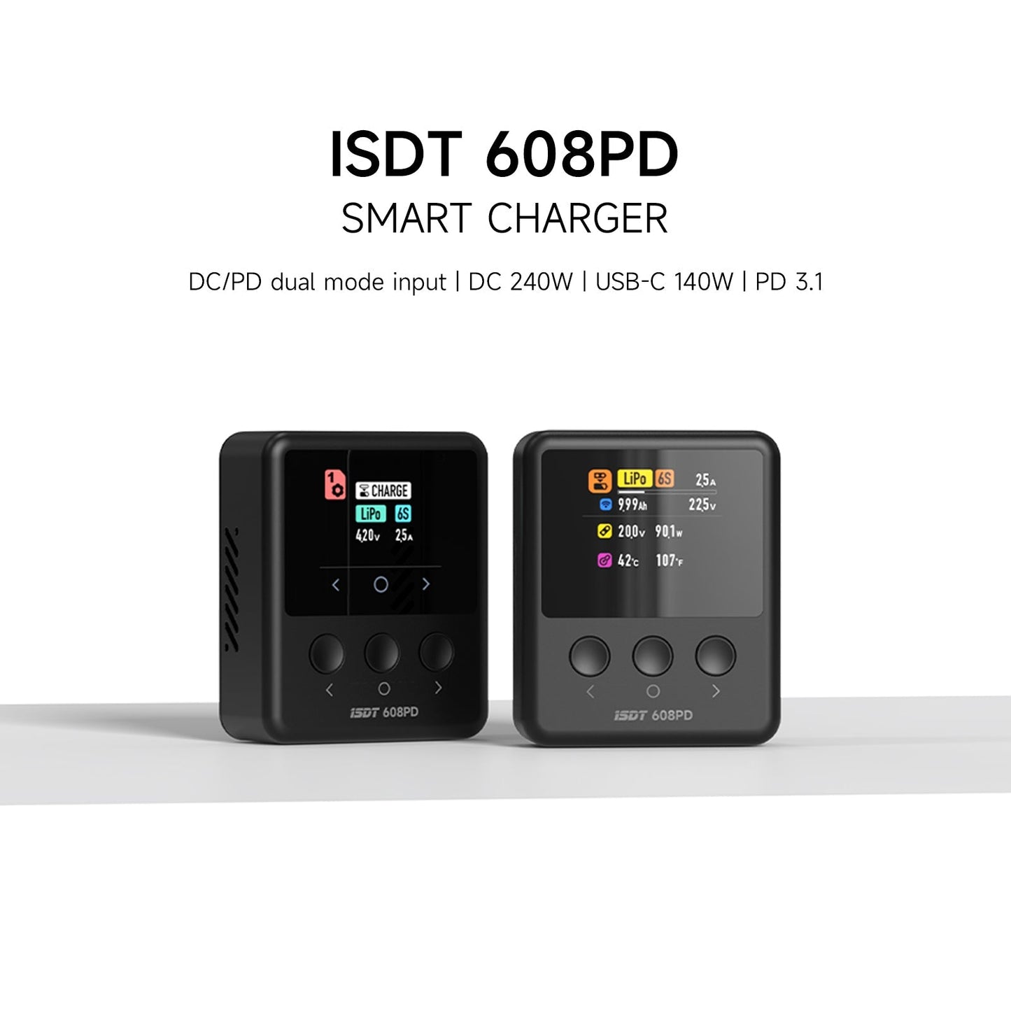 ISDT 608PD RC Battery Charger, ISDT 608PD smart RC battery charger with color screen and button controls, DC/PD dual input and USB-C PD 3.1