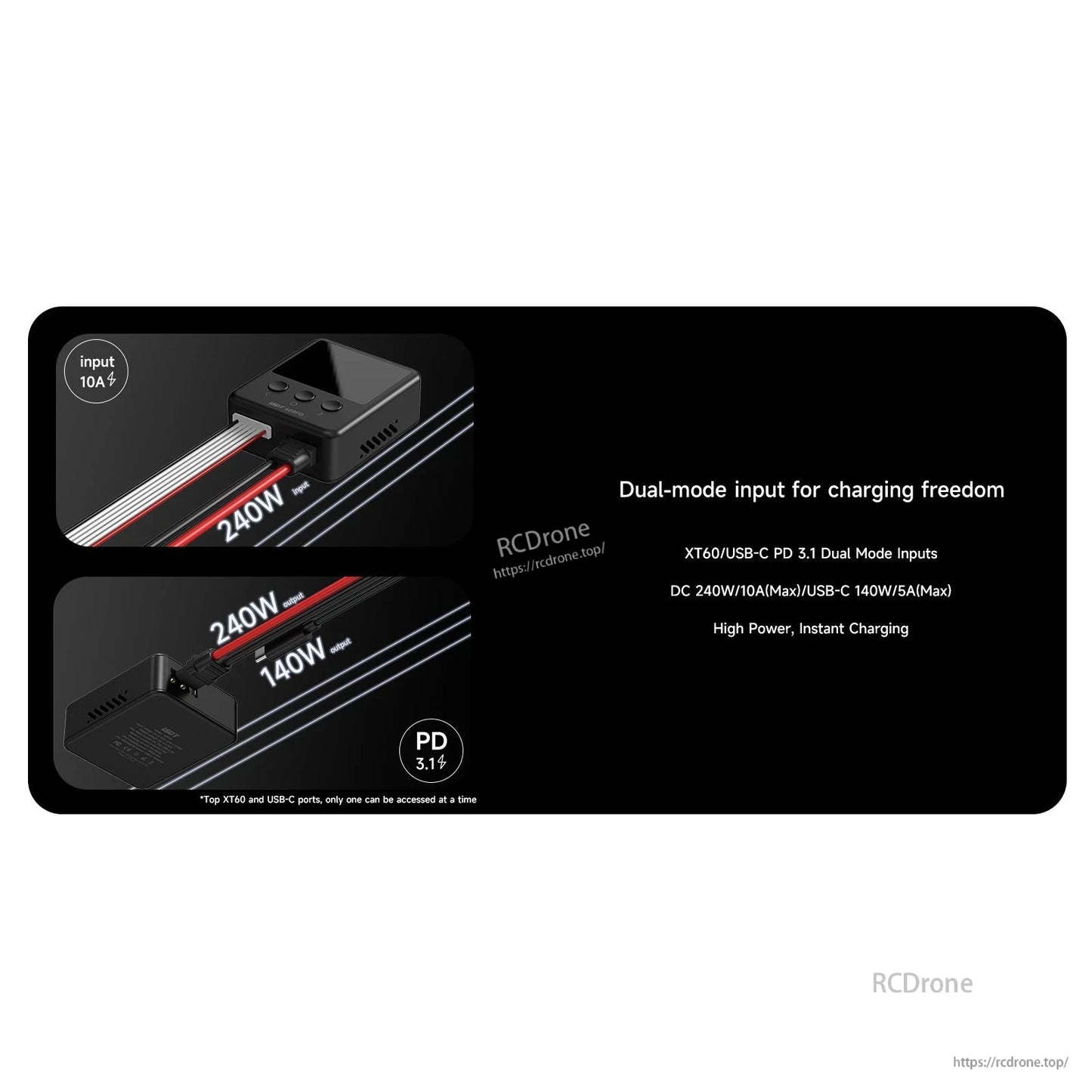 ISDT 608PD RC battery charger showing XT60 DC and USB-C PD 3.1 dual inputs rated up to 240W/10A and 140W/5A