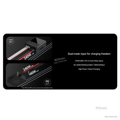 ISDT 608PD RC battery charger showing XT60 DC and USB-C PD 3.1 dual inputs rated up to 240W/10A and 140W/5A