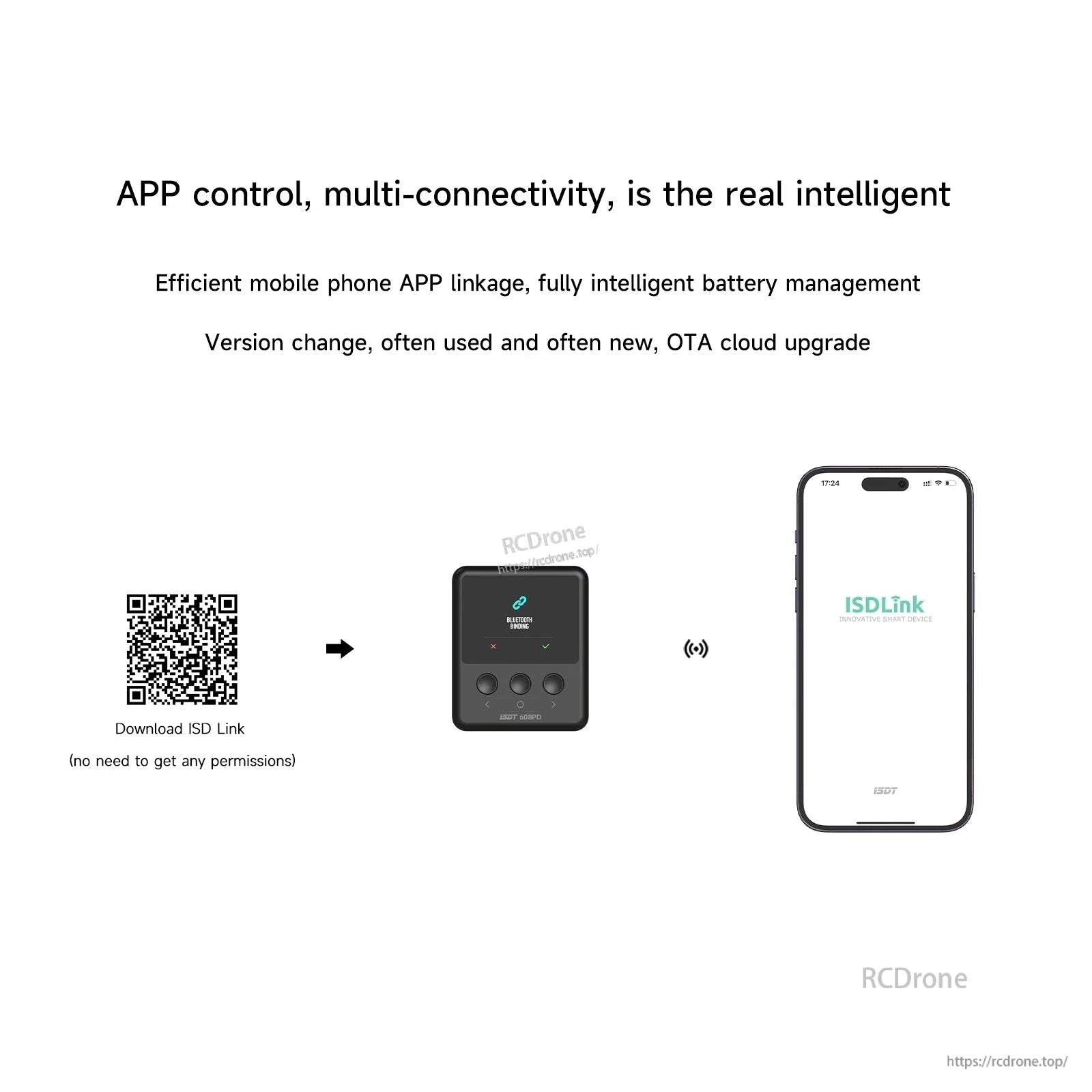 ISDT 608PD RC battery charger with ISD Link app control via Bluetooth, QR code download and phone pairing screen