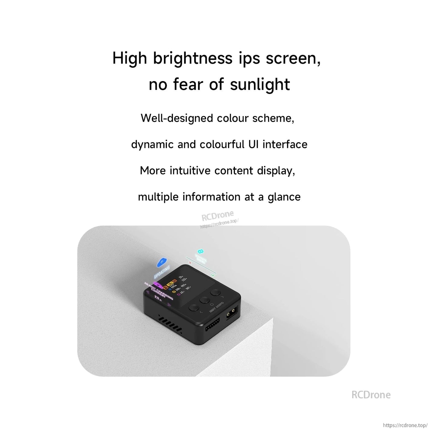 ISDT 608PD RC battery charger with color IPS screen, four control buttons, and front charging ports