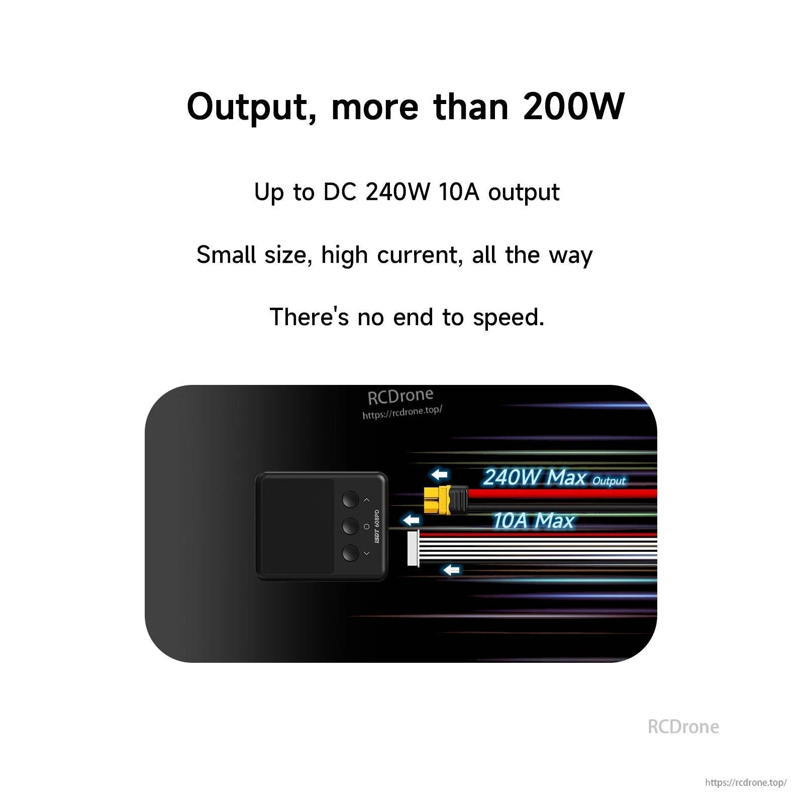 ISDT 608PD RC battery charger graphic showing up to 240W max output and 10A max on a compact unit
