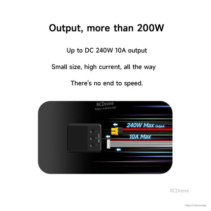 ISDT 608PD RC battery charger graphic showing up to 240W max output and 10A max on a compact unit