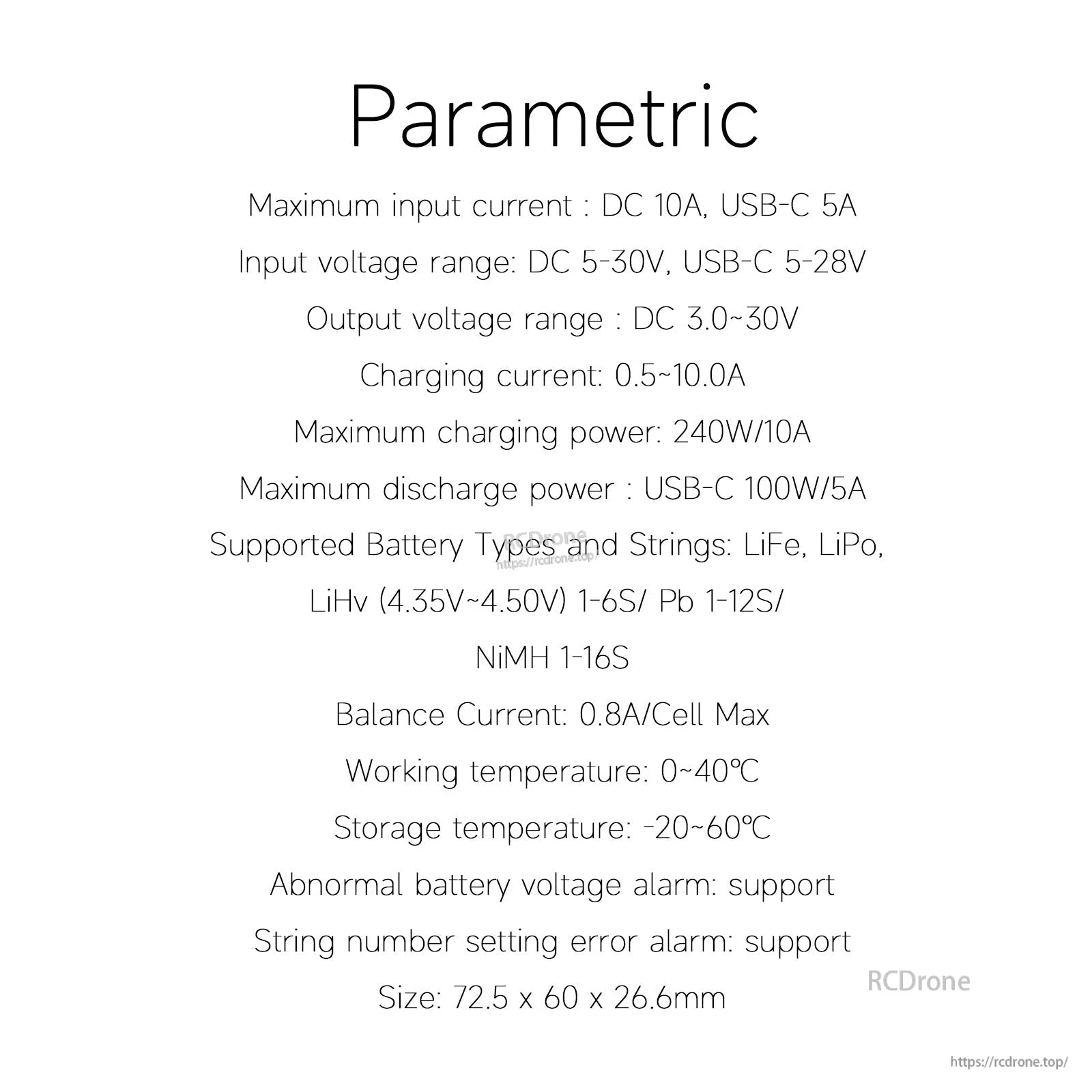 ISDT 608PD RC battery charger spec list with input 5–30V, 240W charging power, and supported LiPo/LiHV types